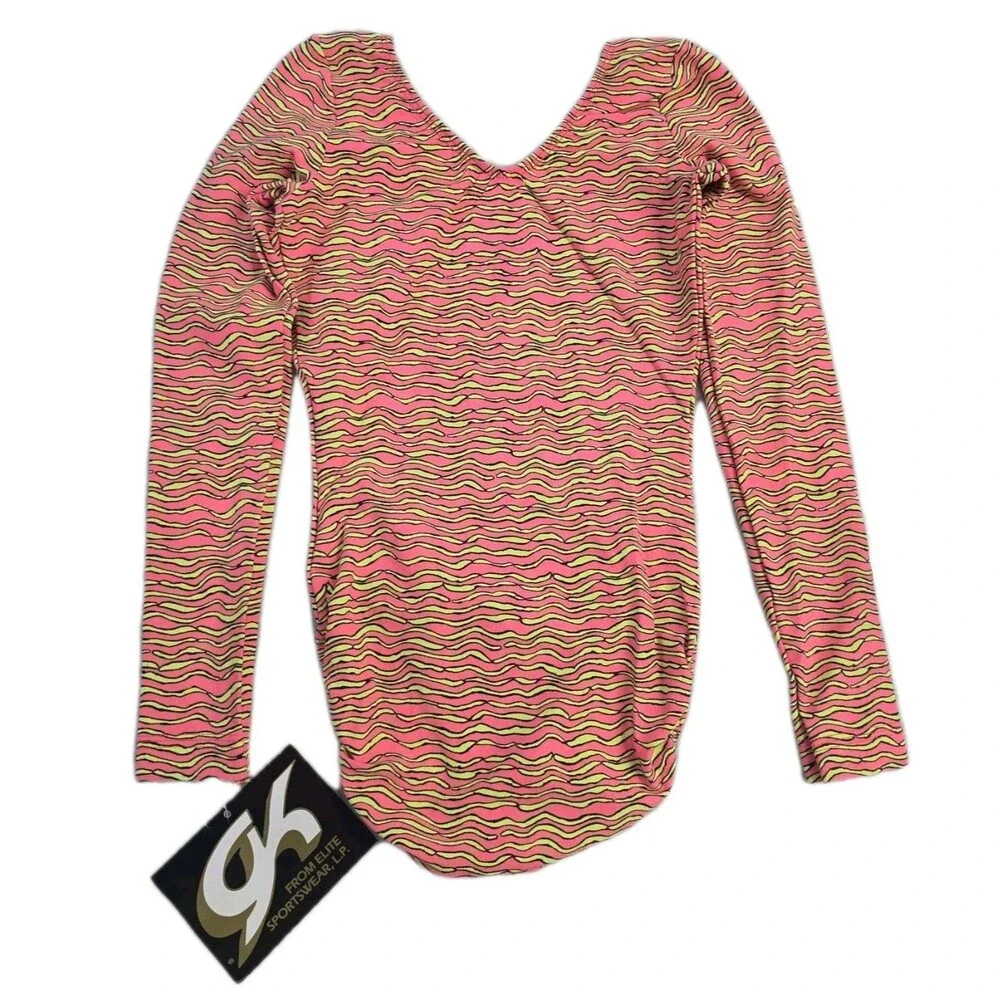 GK Elite VTG 90s Neon Zig Zag Zebra LS Cotton Leotard Bodysuit Pink AXS Adult XS